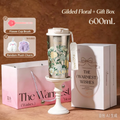 600ML Gilded Floral Insulated Coffee Tumbler Gift Box, 316L Stainless Steel Travel Mug With Cute Plush Charm & Cup Brush, Luxury Present Set
