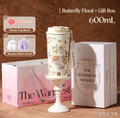600ML Line Art Floral Insulated Tumbler Gift Set, 316L Stainless Steel Coffee Cup, Elegant Butterfly Sketch Travel Mug with Gift Box & Plush Pendant