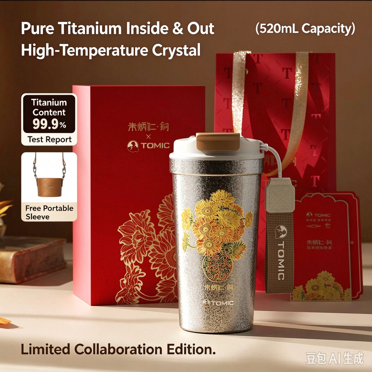 TOMIC × Zhu Bingren Bronze Co-branded Pure Titanium Coffee Mug 520ml, Sunflower Art Limited Edition Insulated Tumbler, Gift Box Set