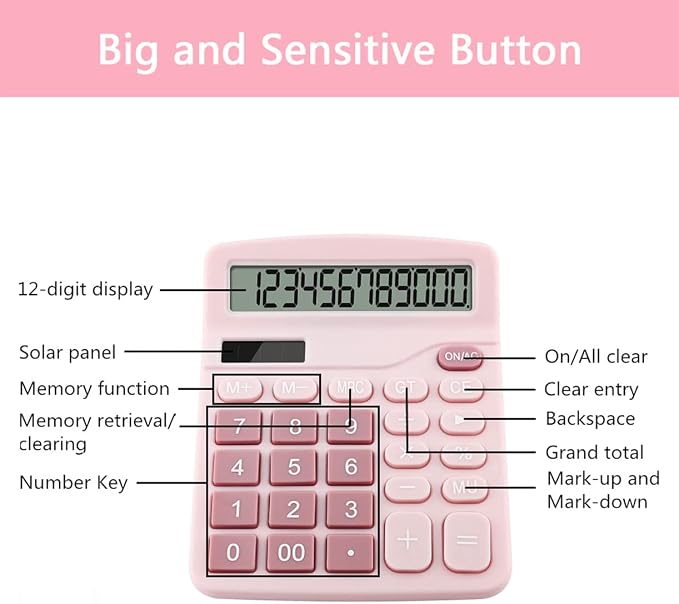 Office Calculators Desktop, 12-Digit Dual Power Cute Calculator with Large LCD Display Big Button for Office Home and School (Pink)
