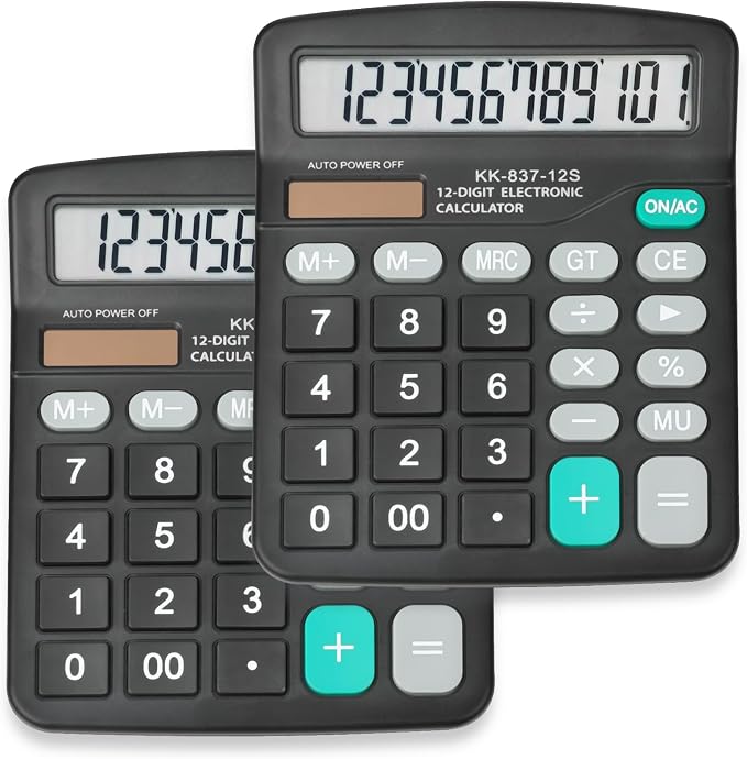 2 Pack Calculator Bulk, 12 Digits Calculators Desktop with Large LCD Display and Sensitive Butto, Solar and Battery Dual Power, Desk Calculator