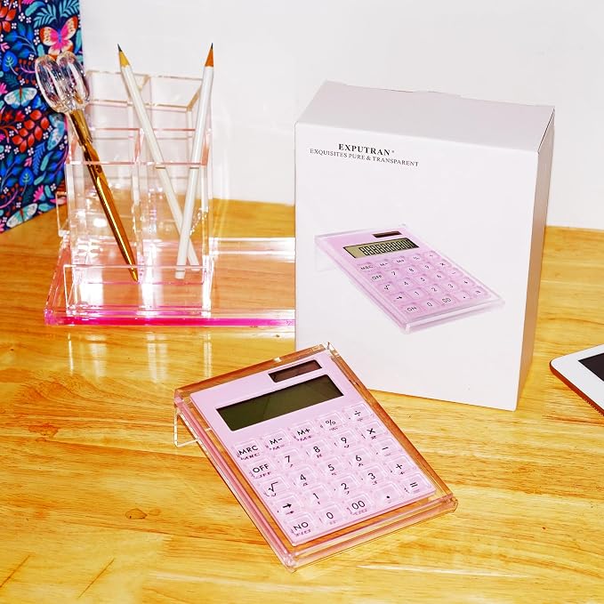 Acrylic Calculator with Stand, Battery and Solar Hybrid Powered Basic Calculator 12-Digit LCD Display,Home Office Desktop Accessories(Pink)