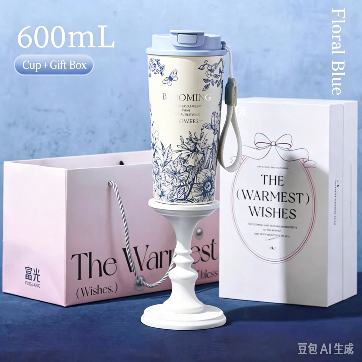 600ML Dual Drink Insulated Tumbler Gift Set, Vintage Blue Floral Butterfly Stainless Steel Travel Mug with Gift Box & Gift Bag