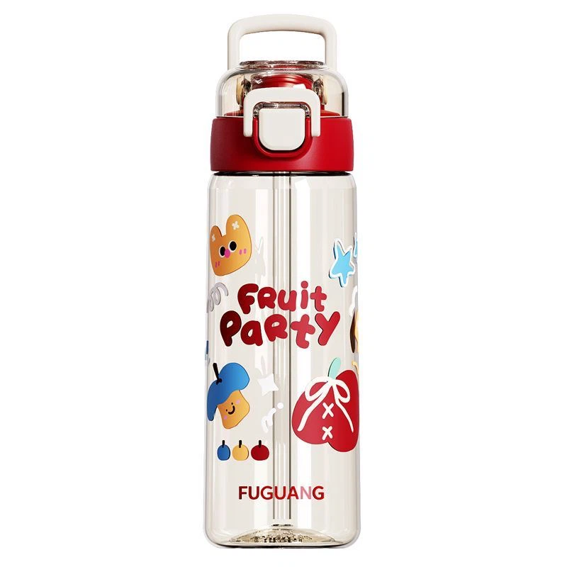 Fuguang 680ml Cute Cartoon Water Bottle, Tritan BPA-Free Kids Student Straw Cup, One-Hand Flip Open Portable Sports Water Jug with Carry Handle
